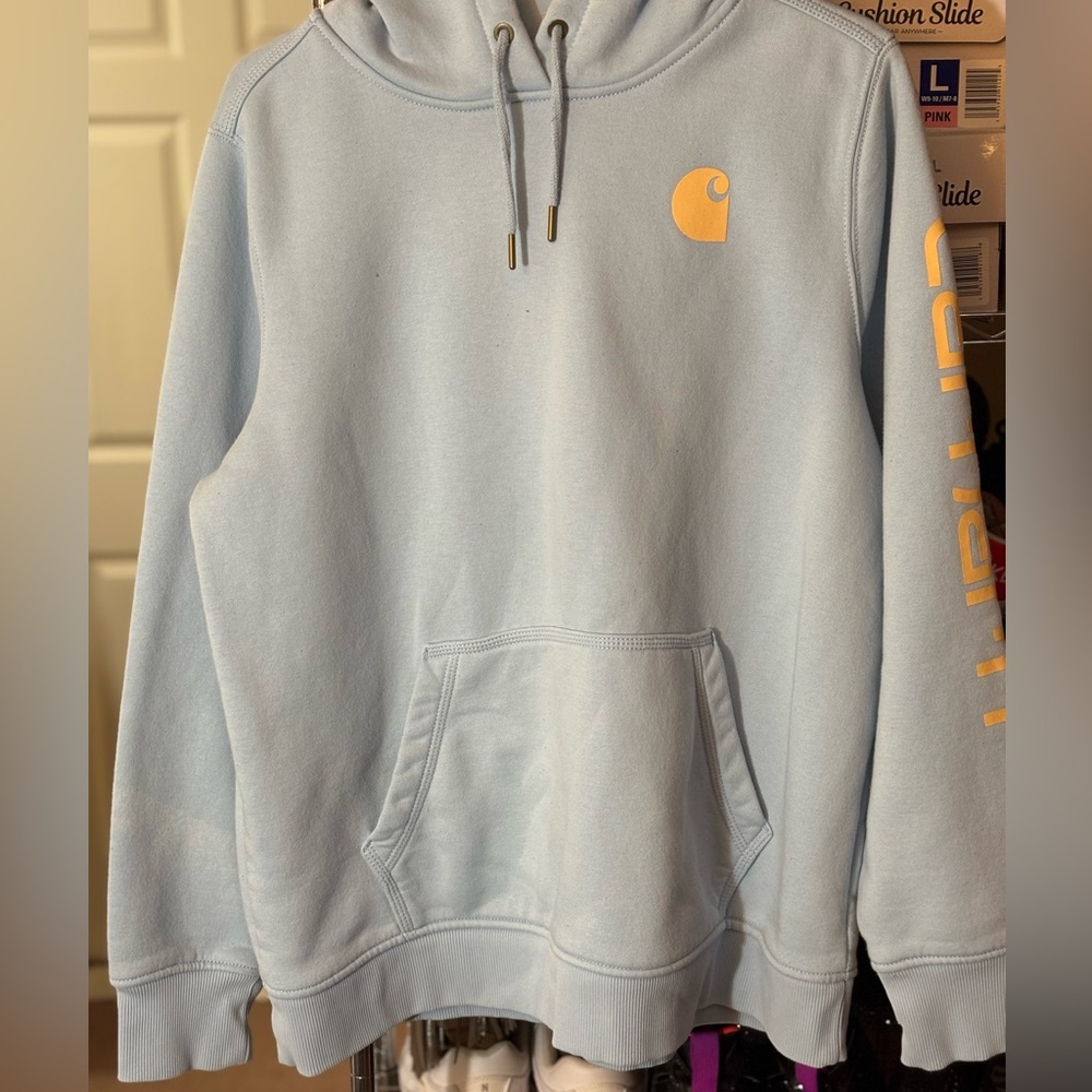 Carhartt Light Blue Hoodie with Orange Logo